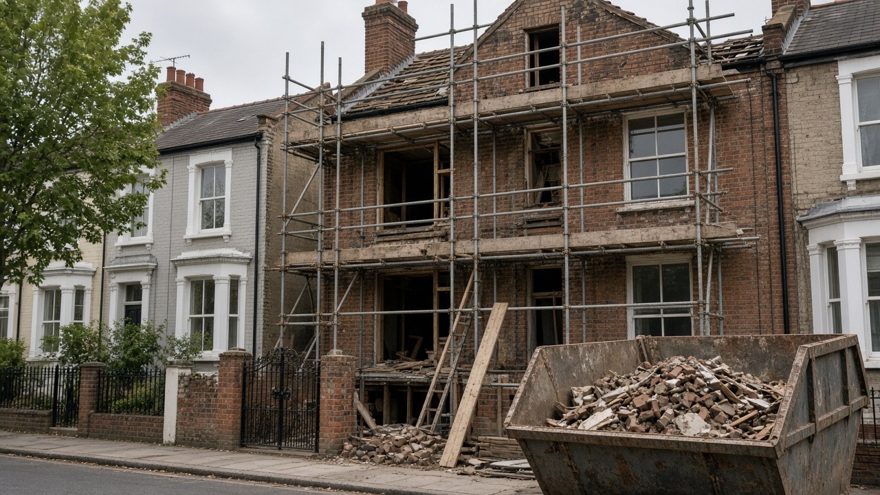 House renovation with scaffolding on a UK terrace