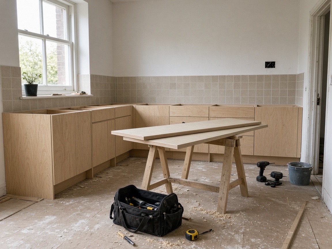 Kitchen cabinets being fitted
